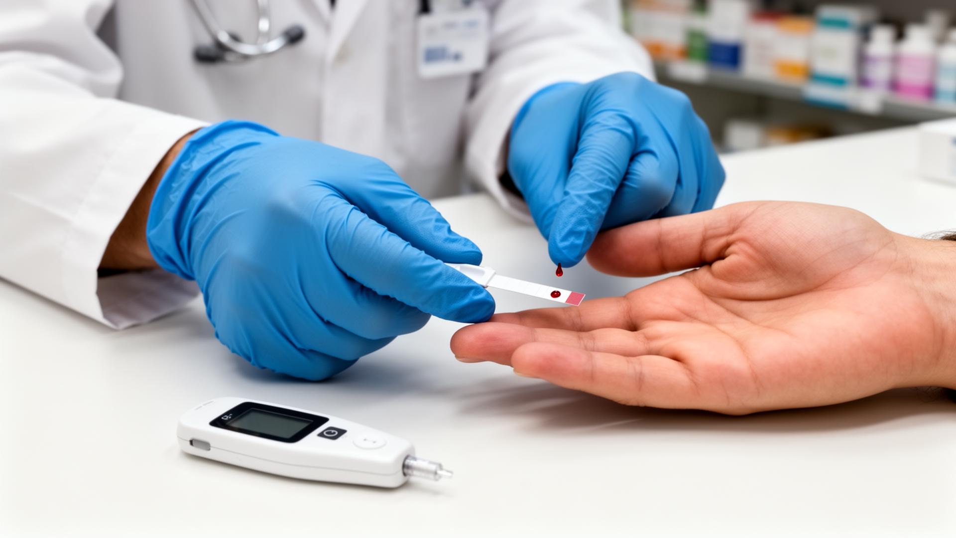 Nahaufnahme eines Blutzucker-Schnelltests am Finger einer Patientin in einer Apotheke