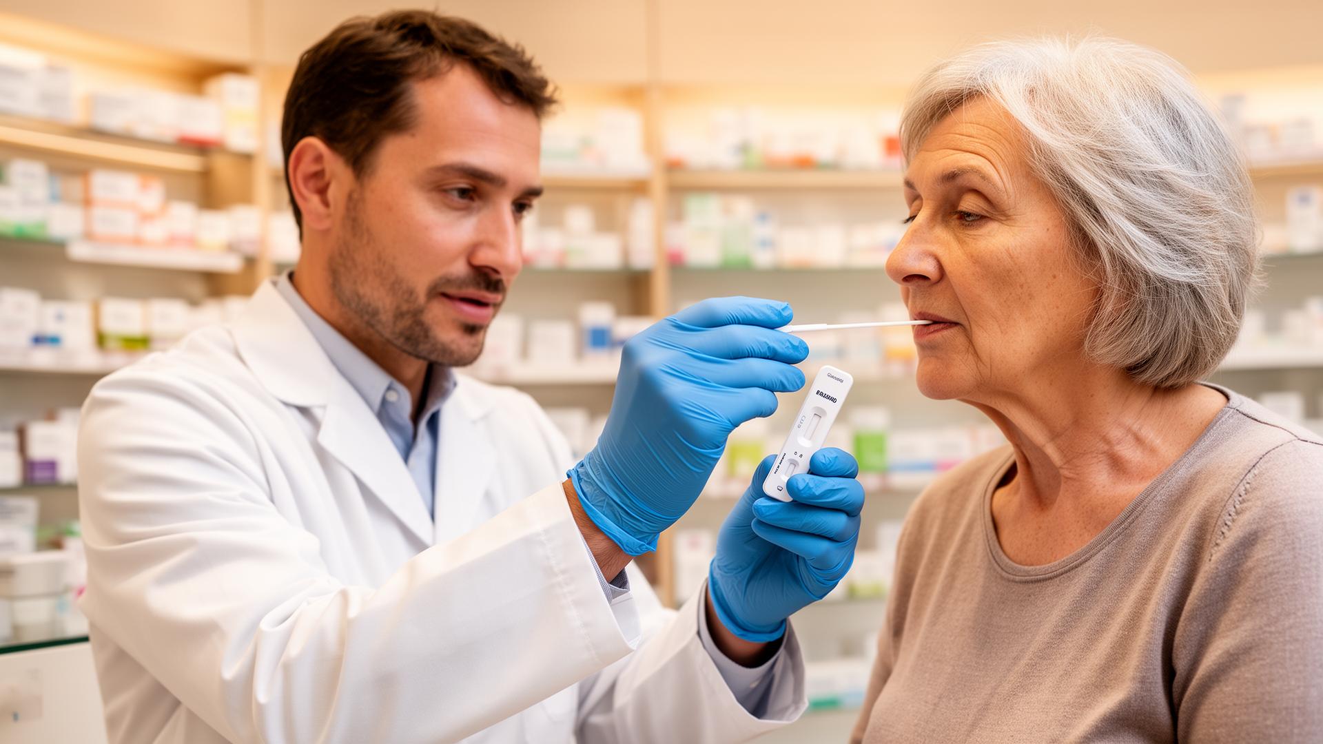 Apotheker führt einen Antigen-Schnelltest bei einer Seniorin in einer Wiener Apotheke durch